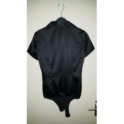 SISLEY zwarte-glans blouse / bodystocking; Mt S (S853)