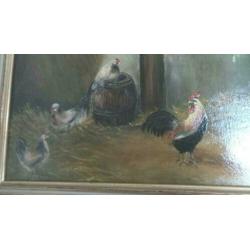 Schilderij met kippen in schuur gesigneerd R. van Lieshout
