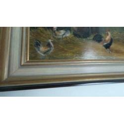 Schilderij met kippen in schuur gesigneerd R. van Lieshout