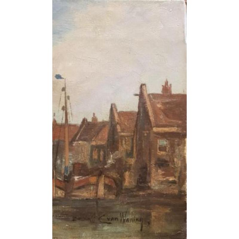 doek, 26 x 41, Hollandse haven, C. van Waning 1861 - 1929