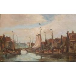 doek, 26 x 41, Hollandse haven, C. van Waning 1861 - 1929
