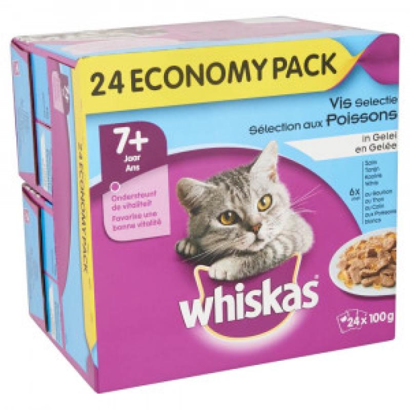 Nat kattenvoer Whiskas Whiskas Multi Pack Senior 7 Vis Selectie in Gelei (24 stuks) 2 doosjes