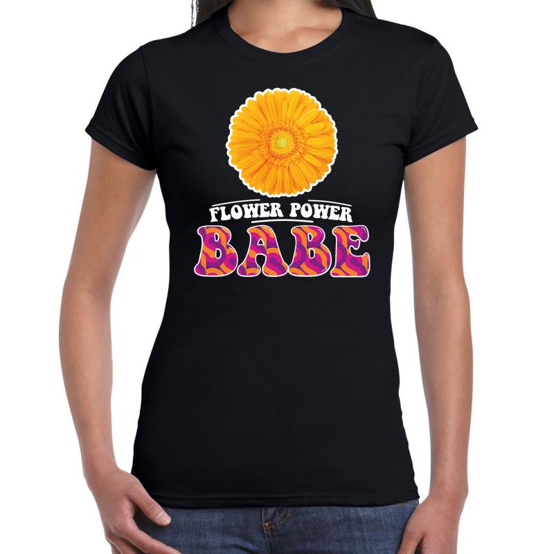 Toppers - Jaren 60 Flower Power Babe verkleed shirt zwart met gele bloem dames