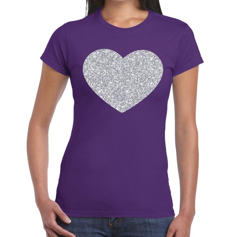 Toppers - Zilveren hart glitter t-shirt paars dames